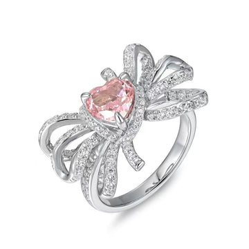 Sweet Bow Heart Shaped 925 Silver Cubic Zirconia Pink Ring