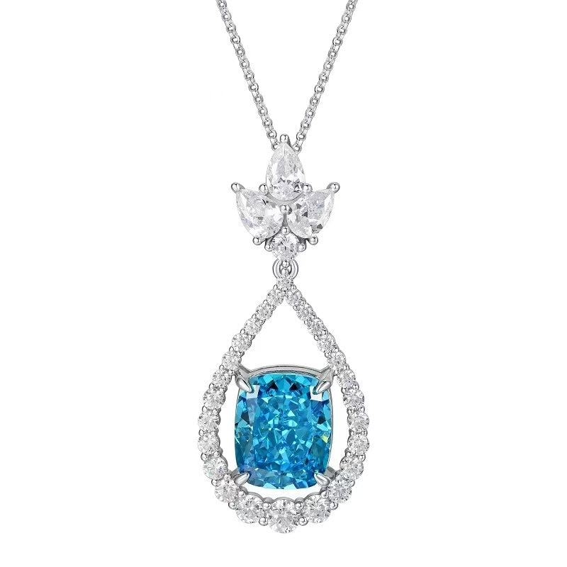 Square 925 Silver Cubic Zirconia Blue Necklace (Without Chain)