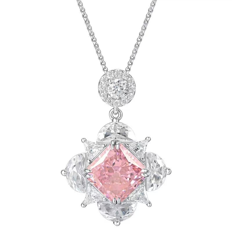 925 Silver Cubic Zirconia Square Cut Pink Gemstone Necklace (Without Chain)