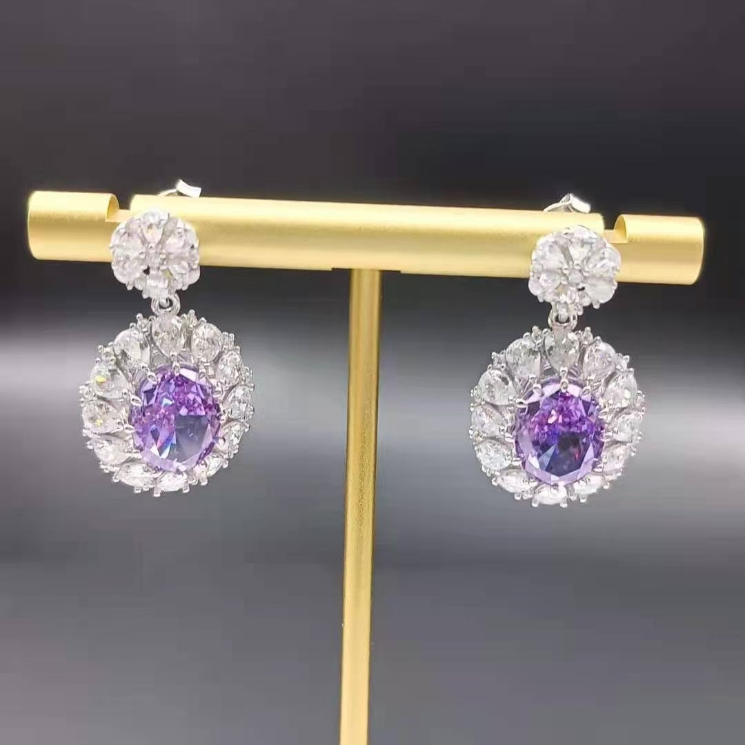 Oval 925 Silver Cubic Zirconia Purple Earrings