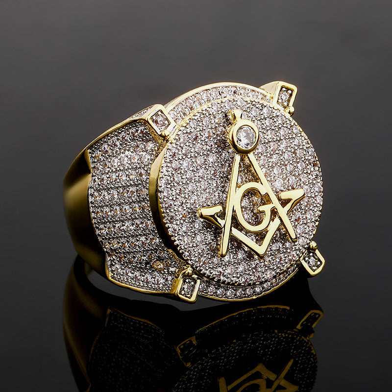 Jolics Jewelry European and American Retro AG Freemasonry Letter Ring Real Gold Electroplated Full Zircon Personality Hip-Hop Men's Ring