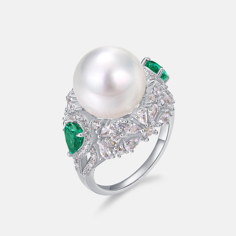 Jolics new white shell pearl ring S925 silver emerald green colored gemstone finger ring European and American light luxury retro noble temperament