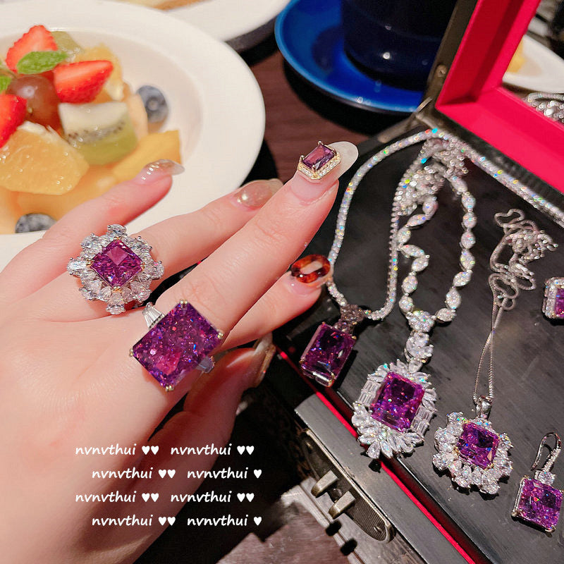 Oil painting Tanzanite flower 925 silver necklace Designer gold-plated grape purple spinel zircon geometric earrings