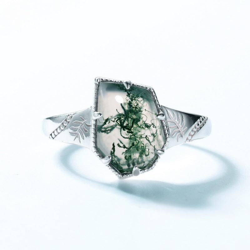 Jolics new green moss ring female S925 silver geometric water grass agate open finger ring European and American retro