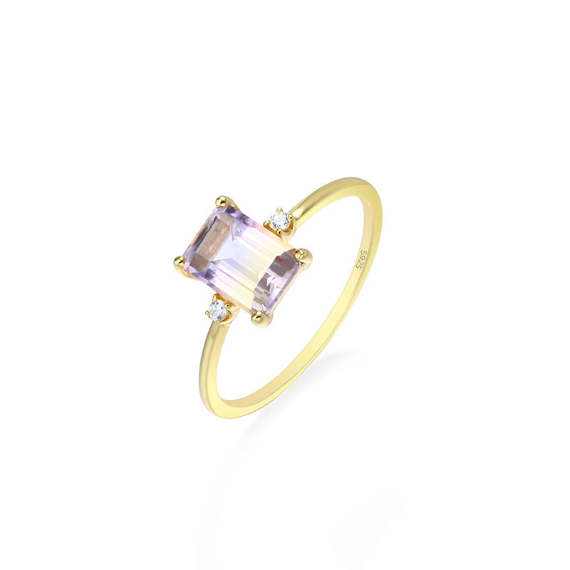 Jolics Jewelry 925 Silver Octagonal Rectangular Amethyst Ring Women Simple Geometric 14K Gold Plated Ring