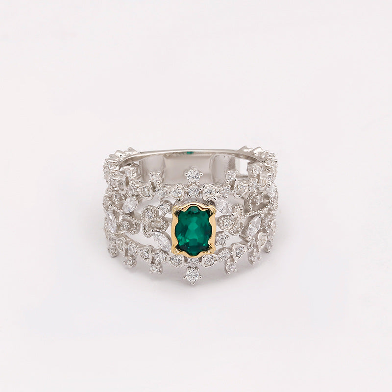 Jolics Jewelry Retro Light Luxury S925 Silver Plated 14K Gold Emerald Ring