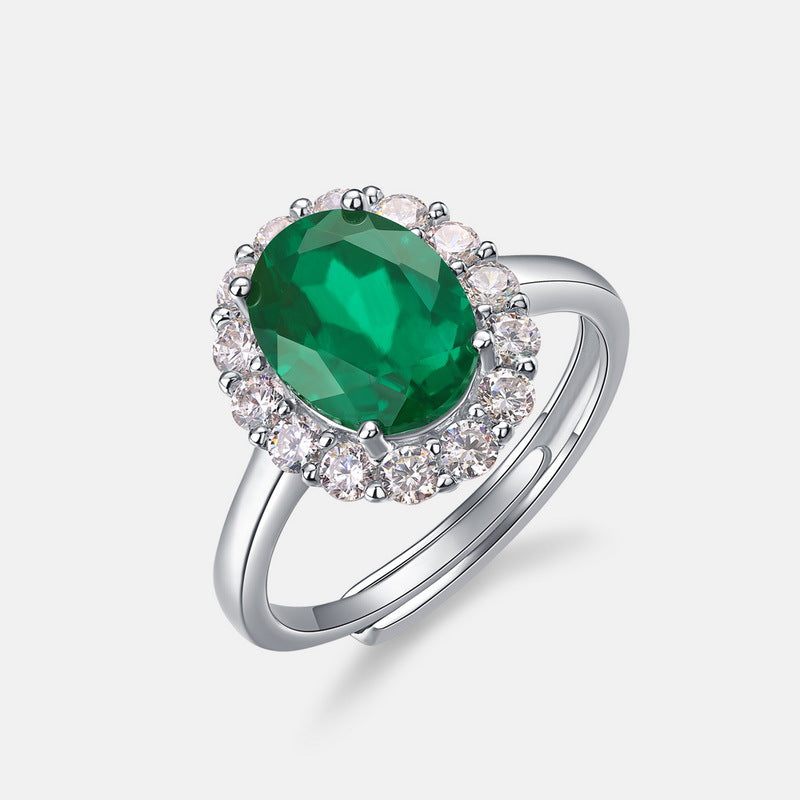 Jolics new egg-shaped cultivated emerald ring S925 silver surrounded by diamond colored gemstone finger ring European and American retro temperament