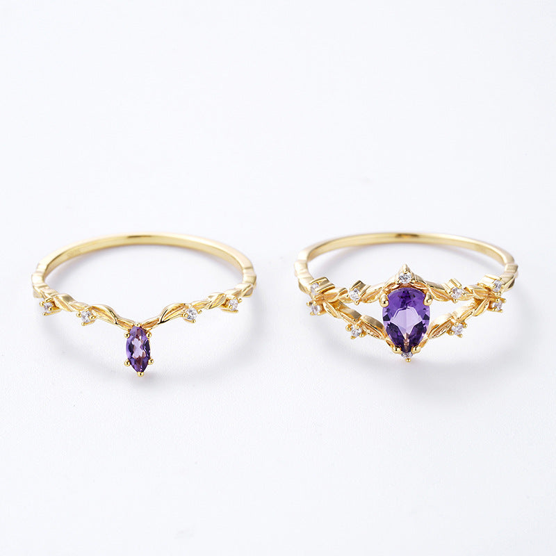 Jolics new light luxury S925 silver plated 14k gold amethyst set ring stacking style female ring trendy