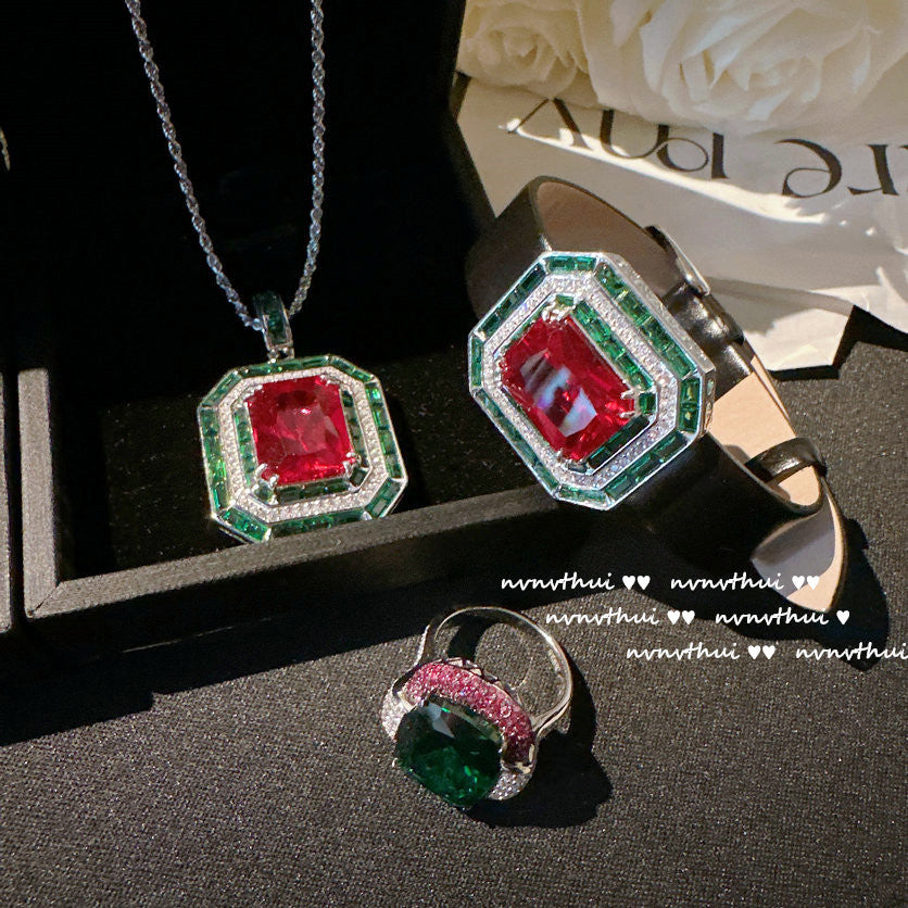 Austrian pomegranate ruby ??silver necklace Vintage peacock green wine red vortex zircon 925 silver ring bracelet