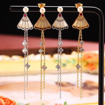 Jolics 2024 Source  Chinese Style Folding Fan Long Tassel Earrings S925 Silver Fan-shaped White Shell Pearl Earrings