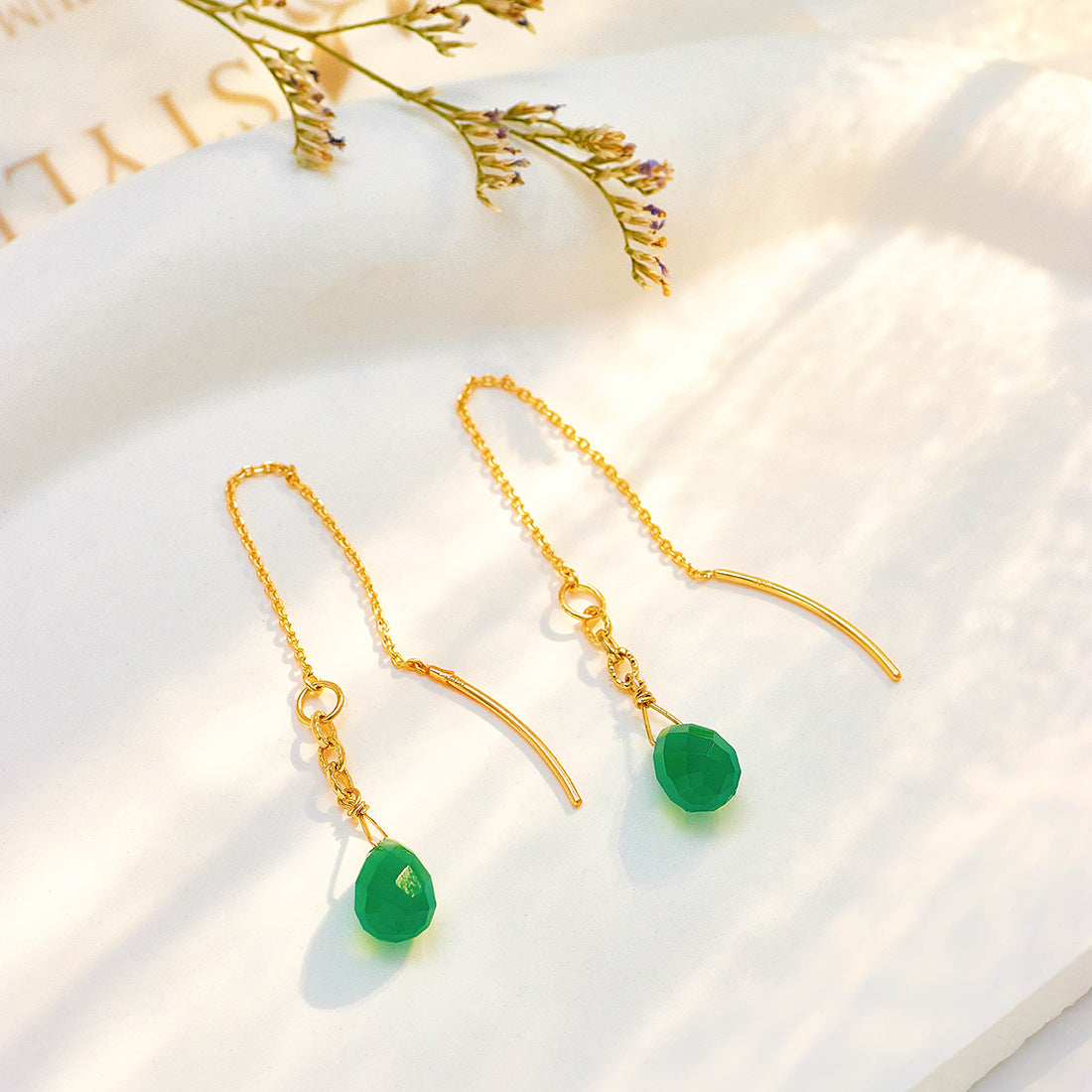 Jolics style new Chinese retro ear wire natural green chalcedony 925 sterling silver temperament earrings for women