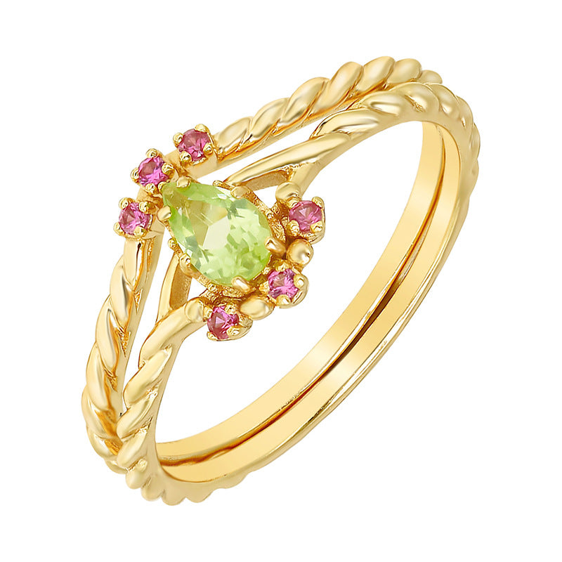 Jolics same ring Japanese retro style natural peridot red corundum S925 silver plated 14k gold ring