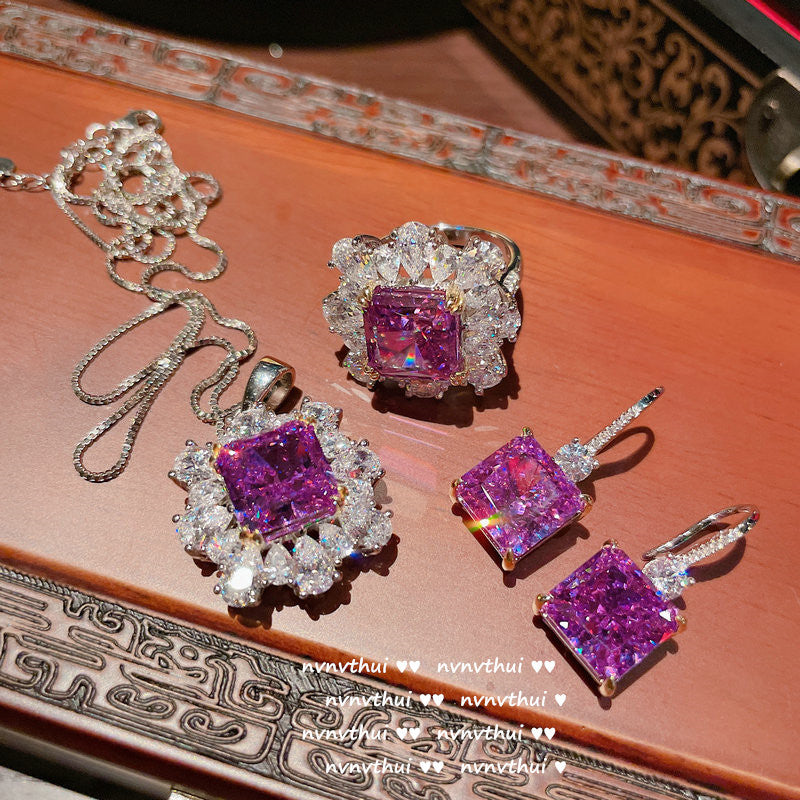 Oil painting Tanzanite flower 925 silver necklace Designer gold-plated grape purple spinel zircon geometric earrings