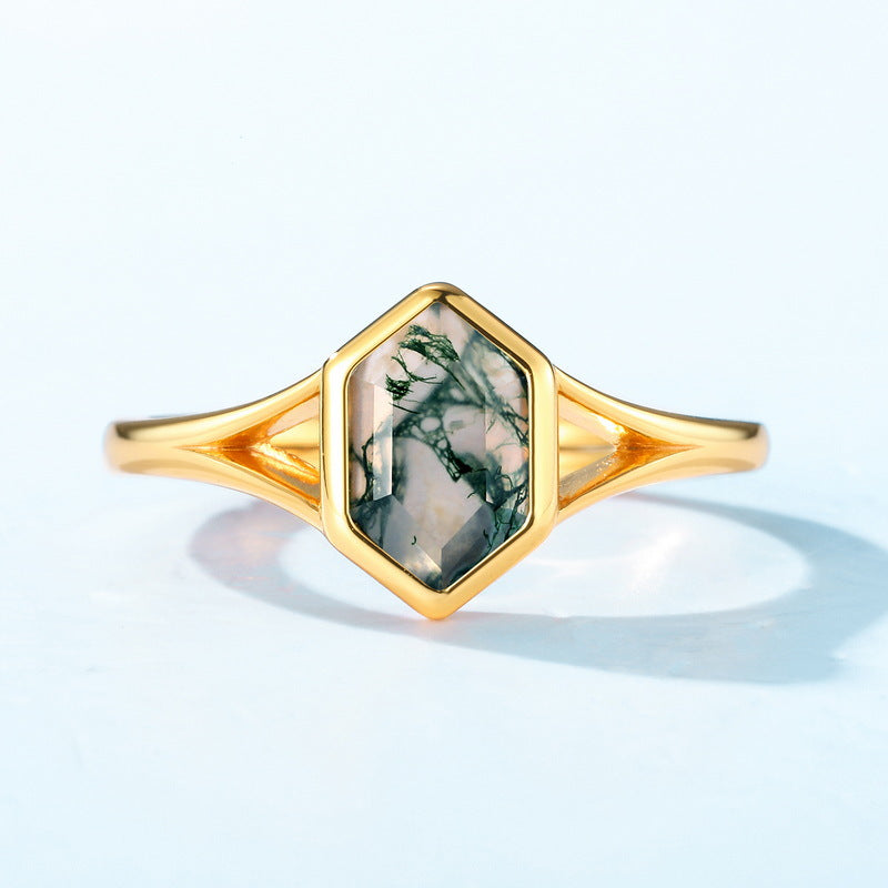 Jolics New S925 Silver Green Moss Stone Ring Live Water Grass Agate Ring European and American