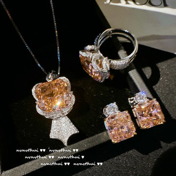 Mermaid Lady Cinnamon Powder Gemstone 925 Silver Ring Mermaid Tail Pink Orange Zircon 925 Silver Necklace Earring Set