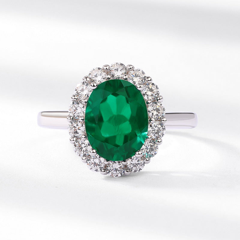 Jolics new egg-shaped cultivated emerald ring S925 silver surrounded by diamond colored gemstone finger ring European and American retro temperament