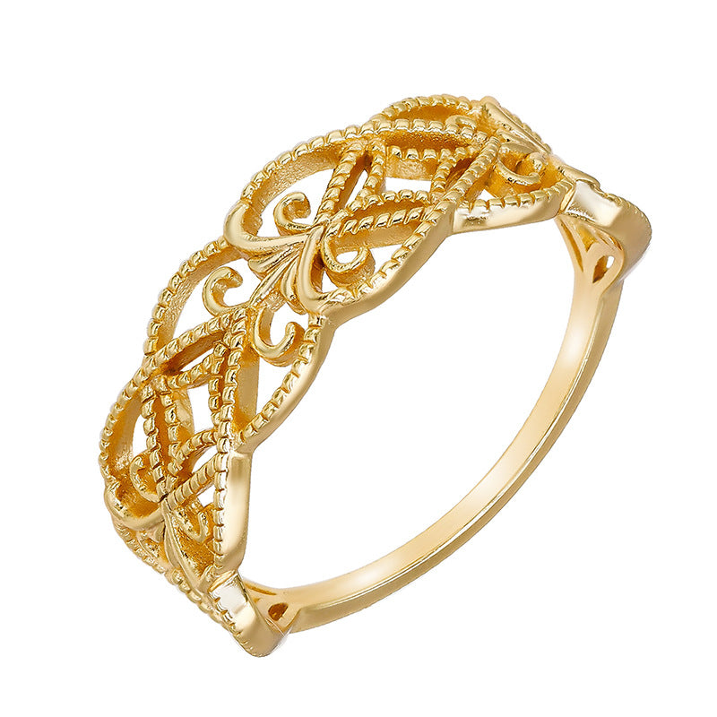 European retro palace style 925 sterling silver gold-plated hollow lace ring for women, versatile stacking branch vine ring