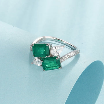 Jolics new style light luxury atmosphere cultivation colored gem ring S925 silver inlaid synthetic emerald index finger ring European and American exaggerated style