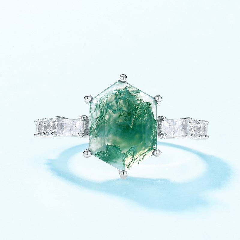 Jolics new unique geometric natural water grass agate stone ring S925 silver green moss fashion finger ring European and American style