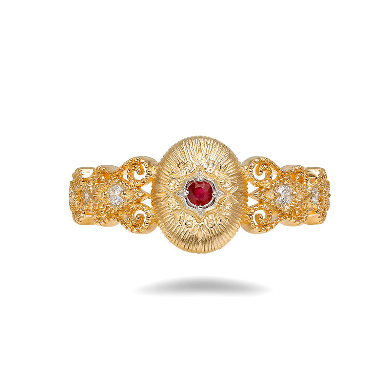 Jolics Jewelry French Retro Lace Surround Design S925 Silver Plated 14k Gold Ruby/Sapphire Ring