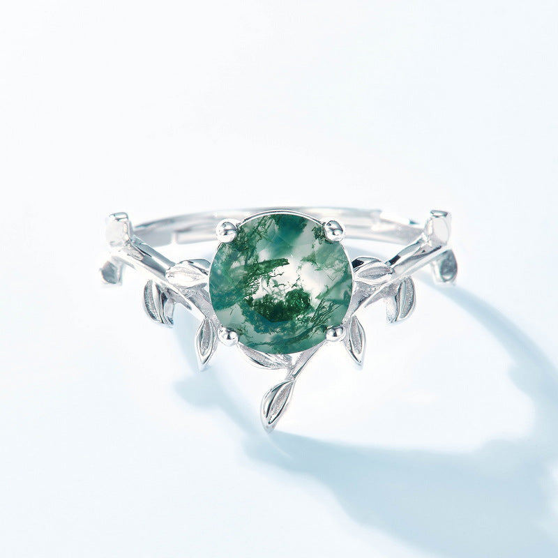 Jolics new water grass agate ring female S925 silver natural green moss open finger ring European and American retro