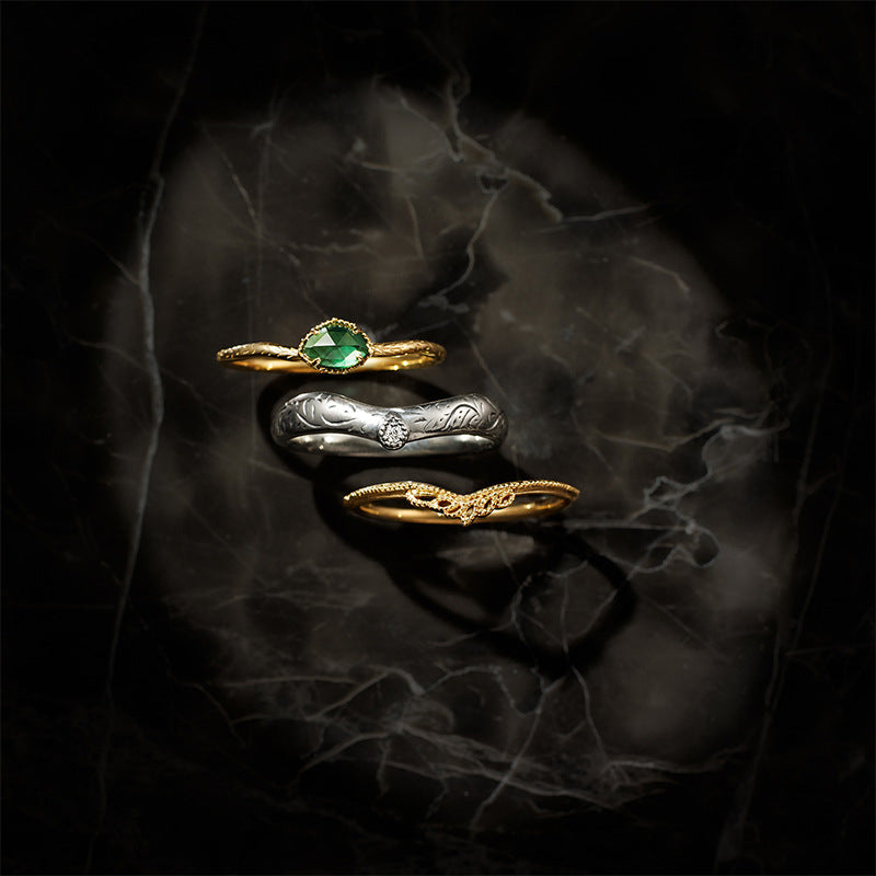 Jolics Christmas limited edition ring set Vintage leaf carved natural green chalcedony ring three-piece set