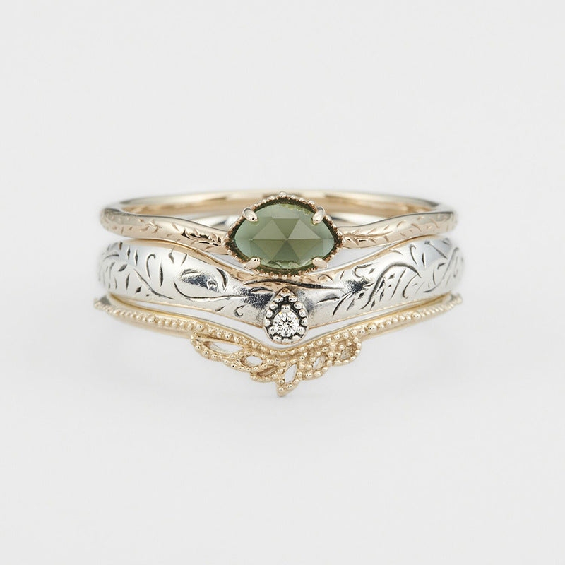 Jolics Christmas limited edition ring set Vintage leaf carved natural green chalcedony ring three-piece set