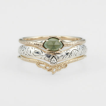 Jolics Christmas limited edition ring set Vintage leaf carved natural green chalcedony ring three-piece set