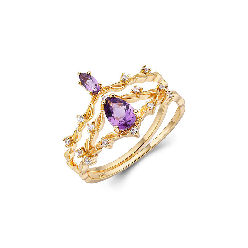 Jolics new light luxury S925 silver plated 14k gold amethyst set ring stacking style female ring trendy