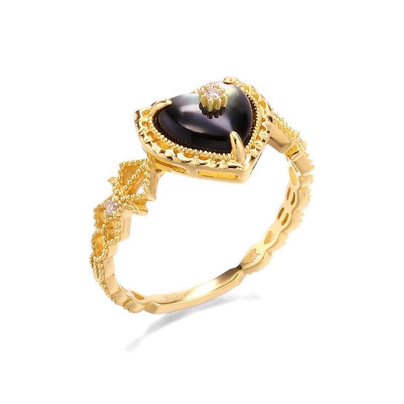 Jolics Jewelry Retro Fashion Black Mother-of-Pearl Love Ring S925 Silver Temperament Heart-Shaped Abalone Ring Set