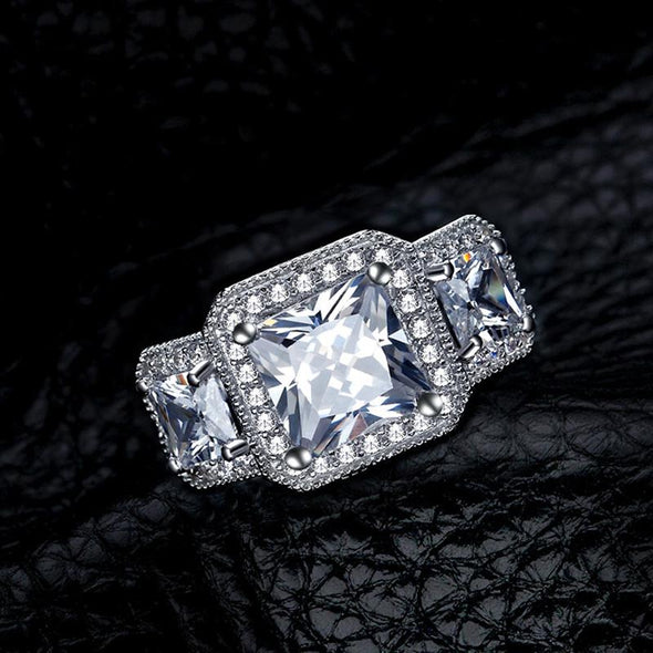 Princess Cut Halo Three Stone Engagement Ring - jewel-inside