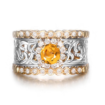 Jolics Round Cut Natural Citrine Sterling Silver Ring Band