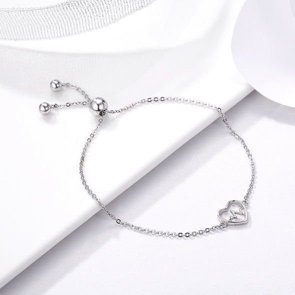 925 Sterling Silver Racing Heart Beaded Chain Bracelet - jolics