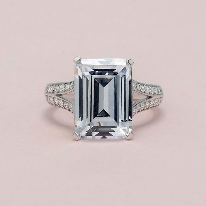 6 CT Emerald Cut Split Shank Sterling Silver Engagement Ring - jewel-inside