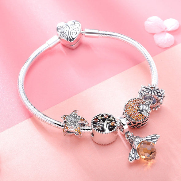 Bee and Flower 925 Sterling Silver Beads Bracelet - jolics