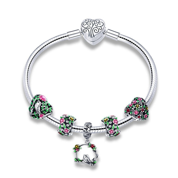 Birds & Flowers 925 Sterling Silver Beads Bracelet - jolics