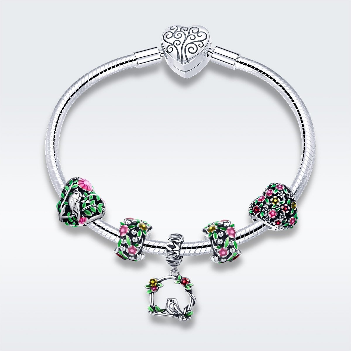 Birds & Flowers 925 Sterling Silver Beads Bracelet - jolics