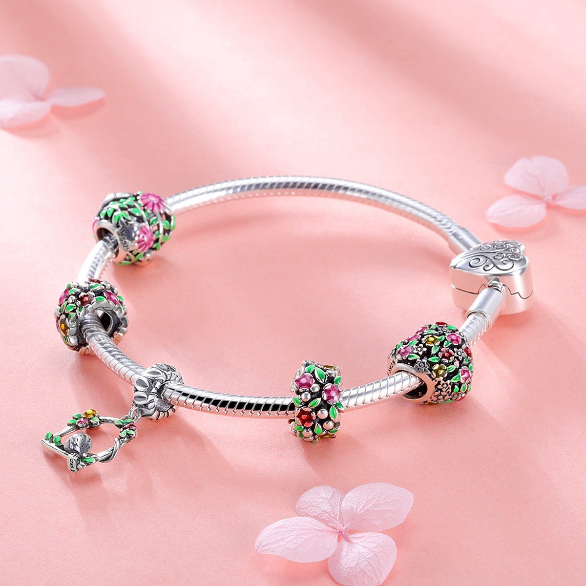 Birds & Flowers 925 Sterling Silver Beads Bracelet - jolics