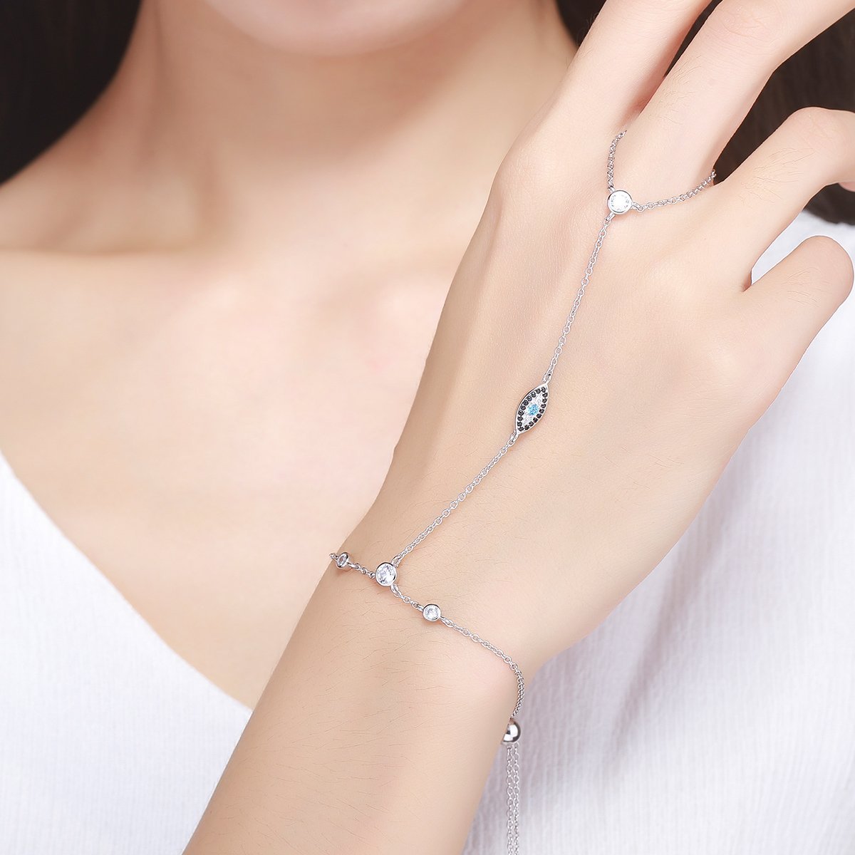 Blue Eye 925 Sterling Silver Finger Chain Bracelet - jolics