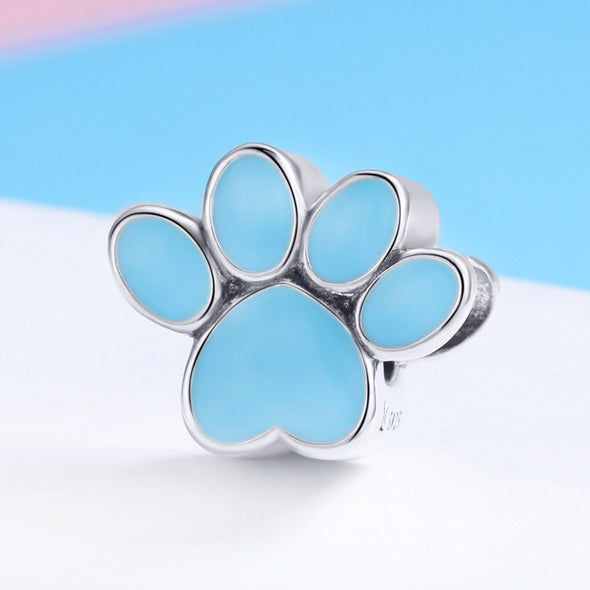 Blue Paw Heart Shape 925 Sterling Silver Bead Charm - jolics