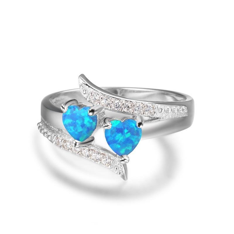 Blue Spinel 925 Sterling Silver Double Heart Design Ring - jolics