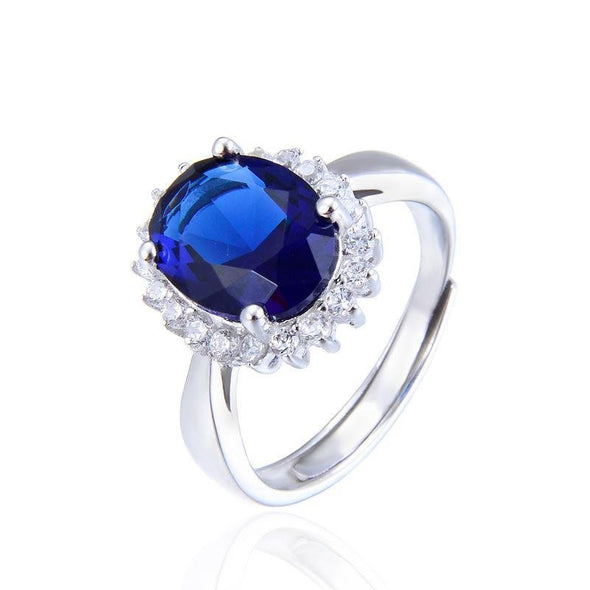 Blue Stone Sterling Silver Oval Halo Flower Open Ring - jolics