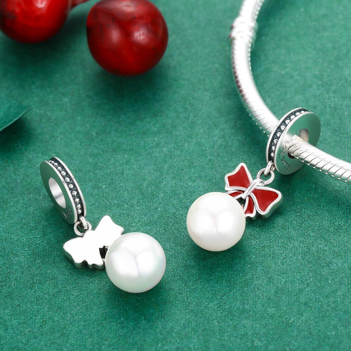 Christmas Bow with Pearl 925 Sterling Silver Spacer Charm - jolics