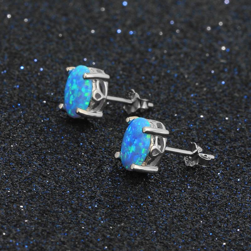 Classic Blue Opal Oval Silver Earrings - jolics