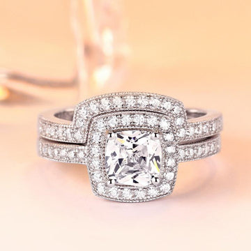 Cushion Cut Halo Ring Set With Curved Band - jolics