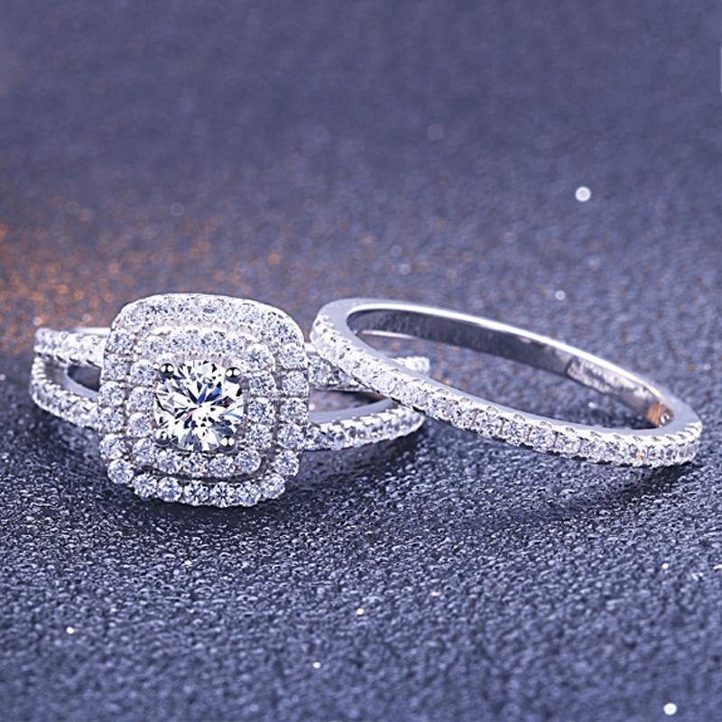 Double Halo Round Cut Wedding Set - jolics