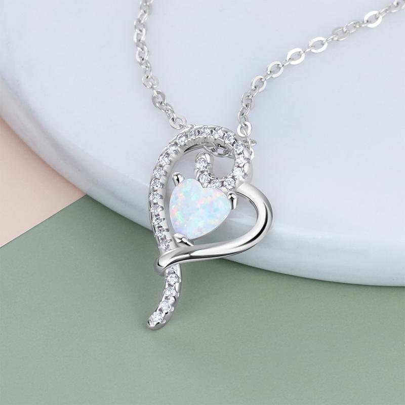 Double Heart Design White Opal Silver Necklace - jolics