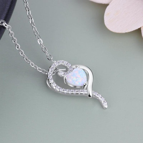 Double Heart Design White Opal Silver Necklace - jolics