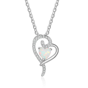 Double Heart Design White Opal Silver Necklace - jolics