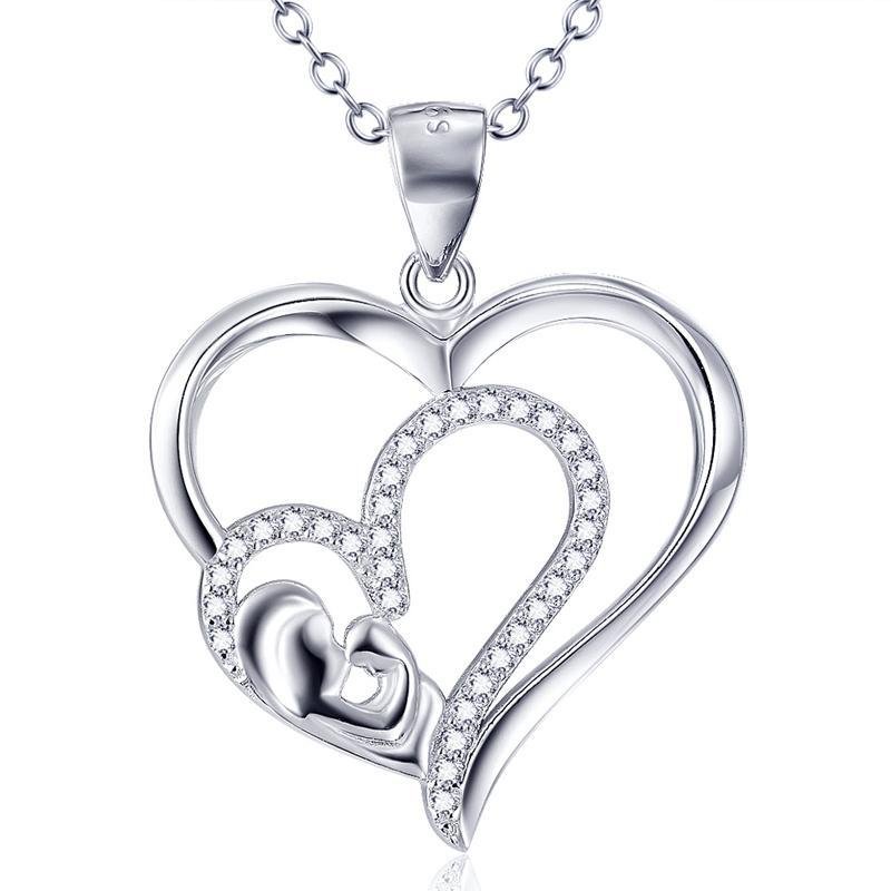 Double Heart Pendant Necklace with Mother and Child - jolics